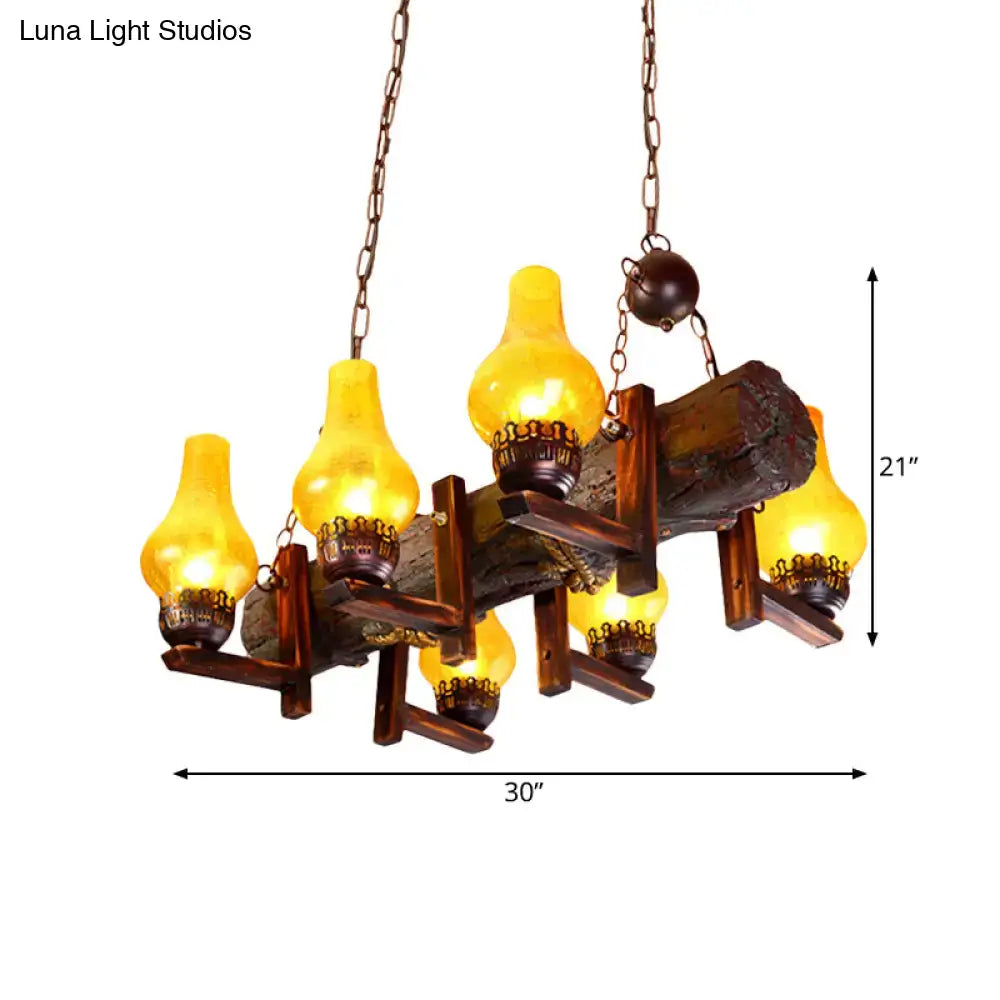 Rustic wooden log dining room chandelier with yellow crackle glass