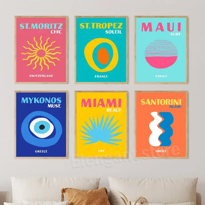 Preppy color mykonos greece travel poster bedroom art print