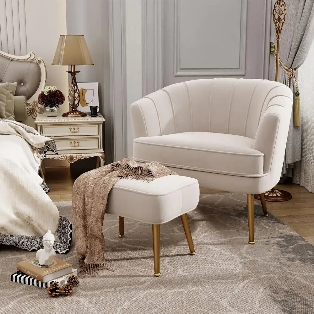 comfortable beige bucket armchair and ottoman living room