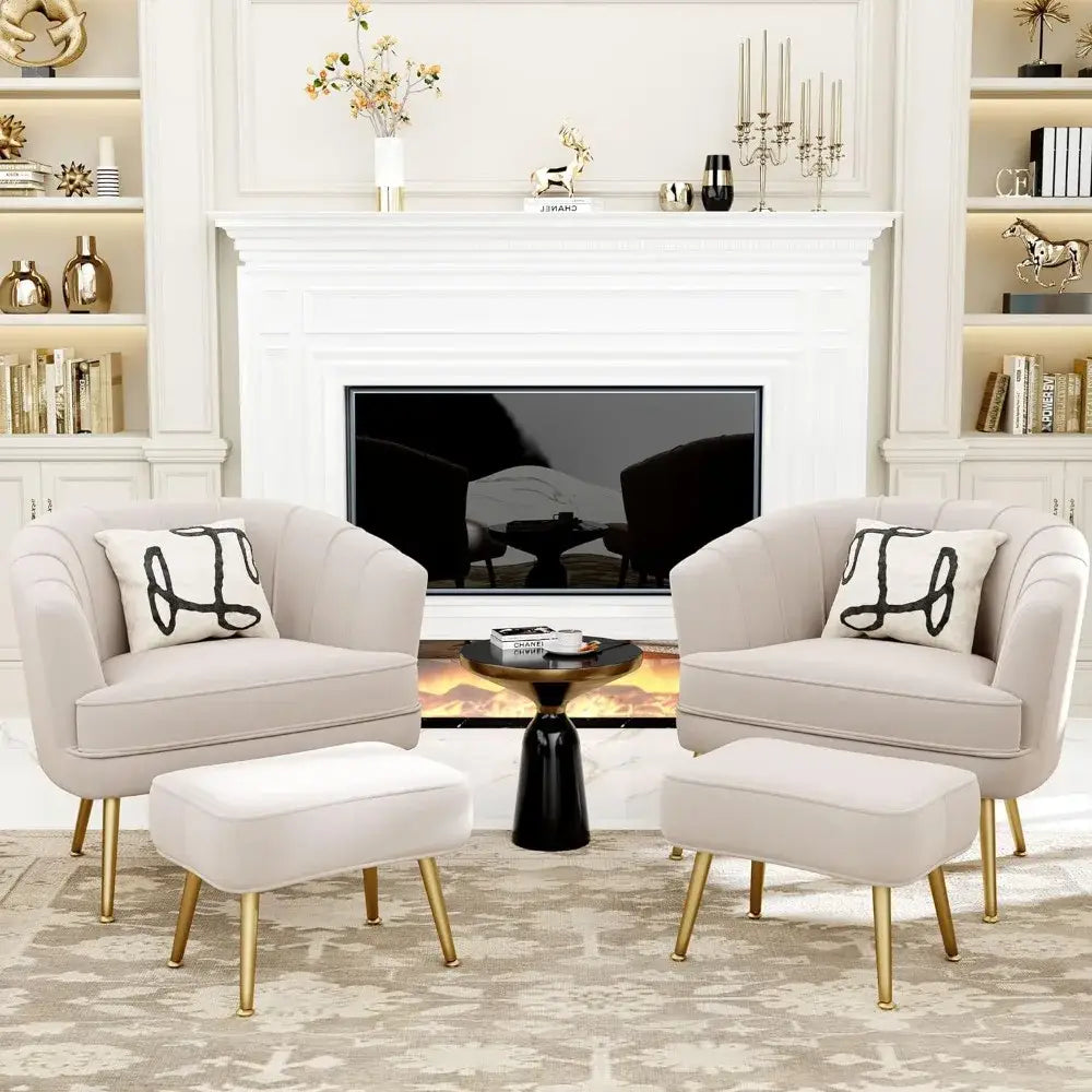 comfortable beige bucket armchair and ottoman living room