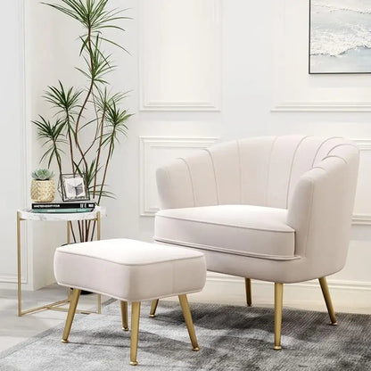 comfortable beige bucket armchair and ottoman living room