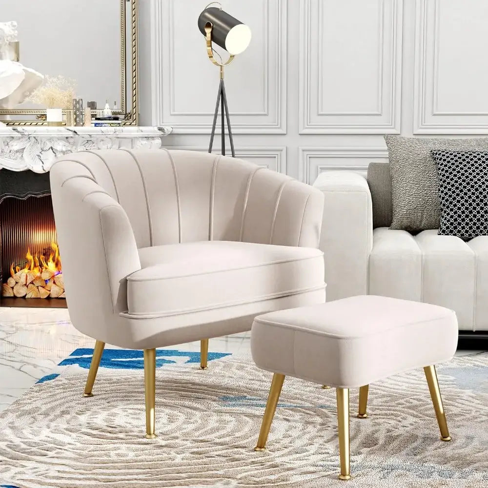 comfortable beige bucket armchair and ottoman living room