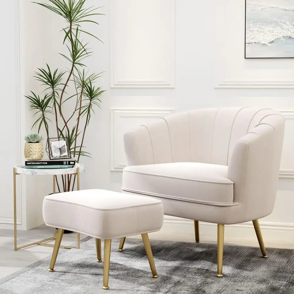comfortable beige bucket armchair and ottoman living room