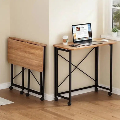 compact foldable wood and black metal desk bedroom table