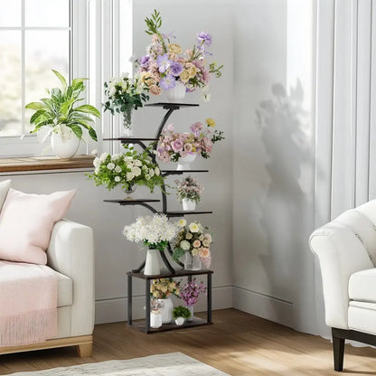 Compact tree black metal plant stand with multiple shelves living room