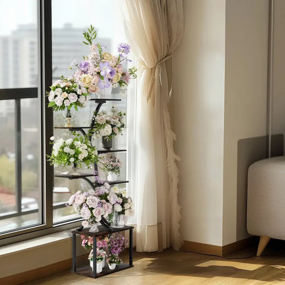 Compact tree black metal plant stand with multiple shelves living room