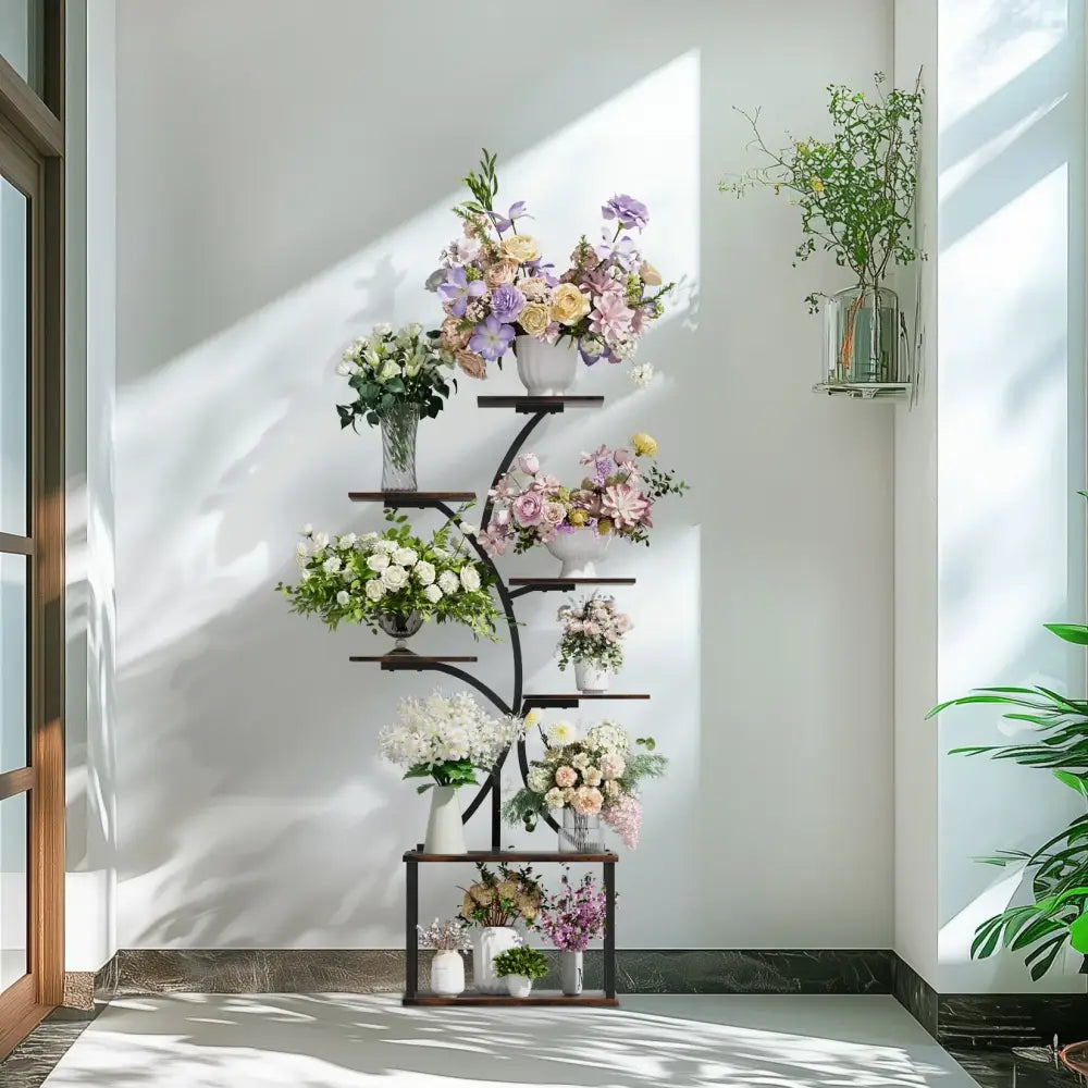 Compact tree black metal plant stand with multiple shelves living room