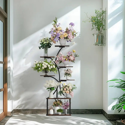 Compact tree black metal plant stand with multiple shelves living room