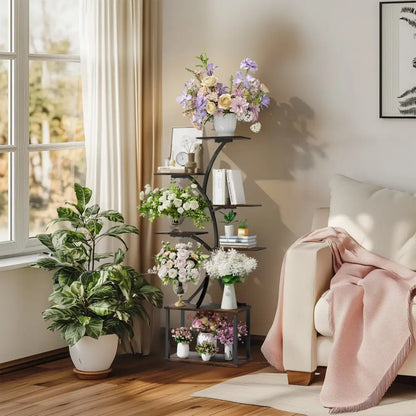 Compact tree black metal plant stand with multiple shelves living room