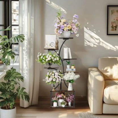 Compact tree black metal plant stand with multiple shelves living room