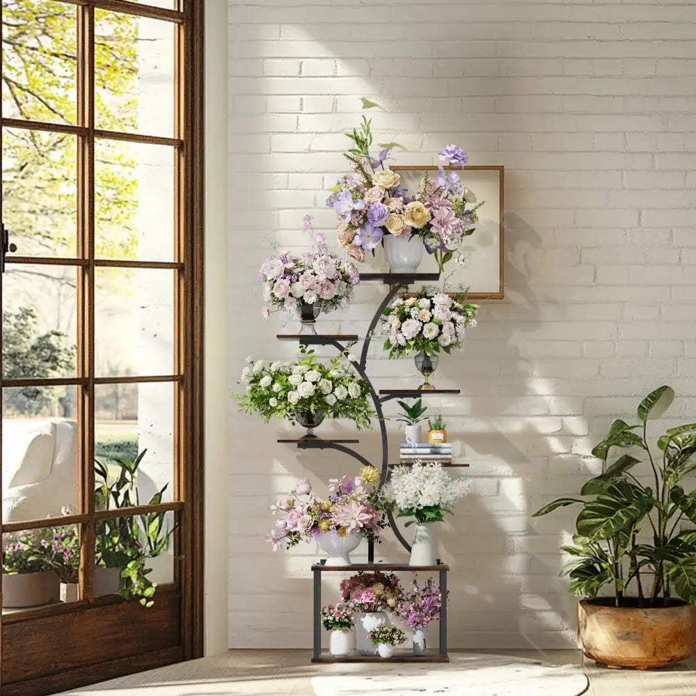 Compact tree black metal plant stand with multiple shelves living room