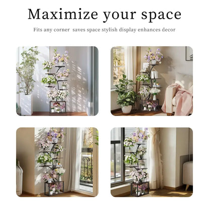 Compact tree black metal plant stand with multiple shelves living room
