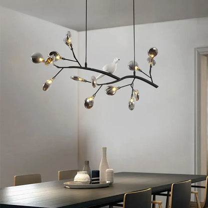 Contemporary gold branch pendant light with bird decoration dining room