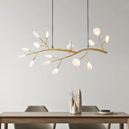 Contemporary gold branch pendant light with bird decoration dining room