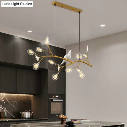 Contemporary gold branch pendant light with bird decoration dining room