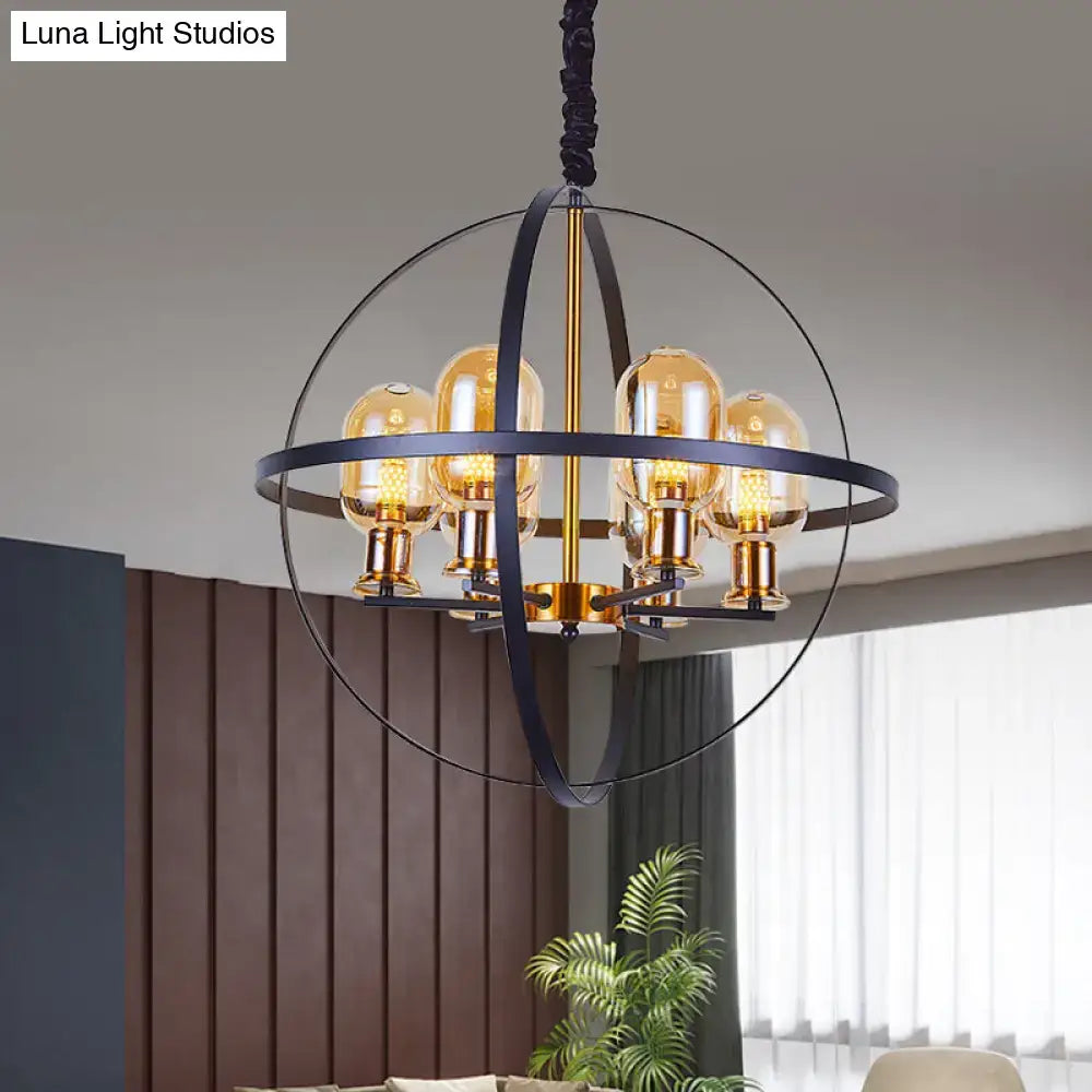 Industrial amber glass pendant chandelier – dining room brass light