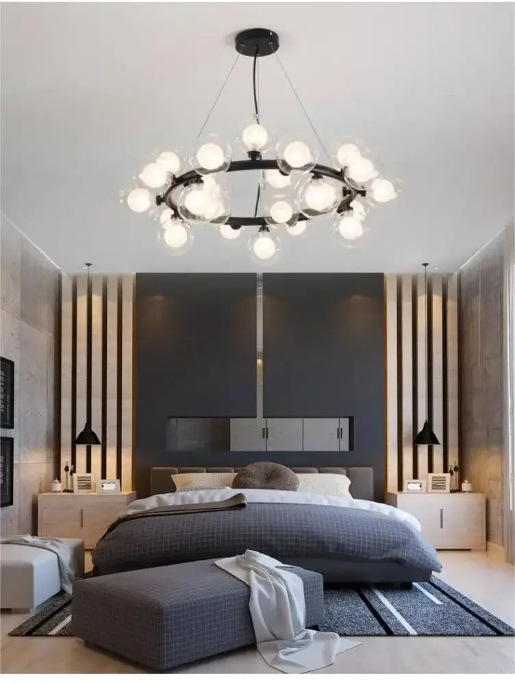 Modern black & gold chandelier with white glass ball for living room