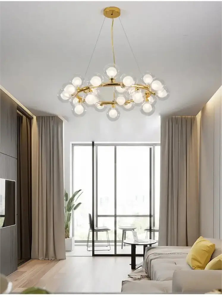 Modern black & gold chandelier with white glass ball for living room