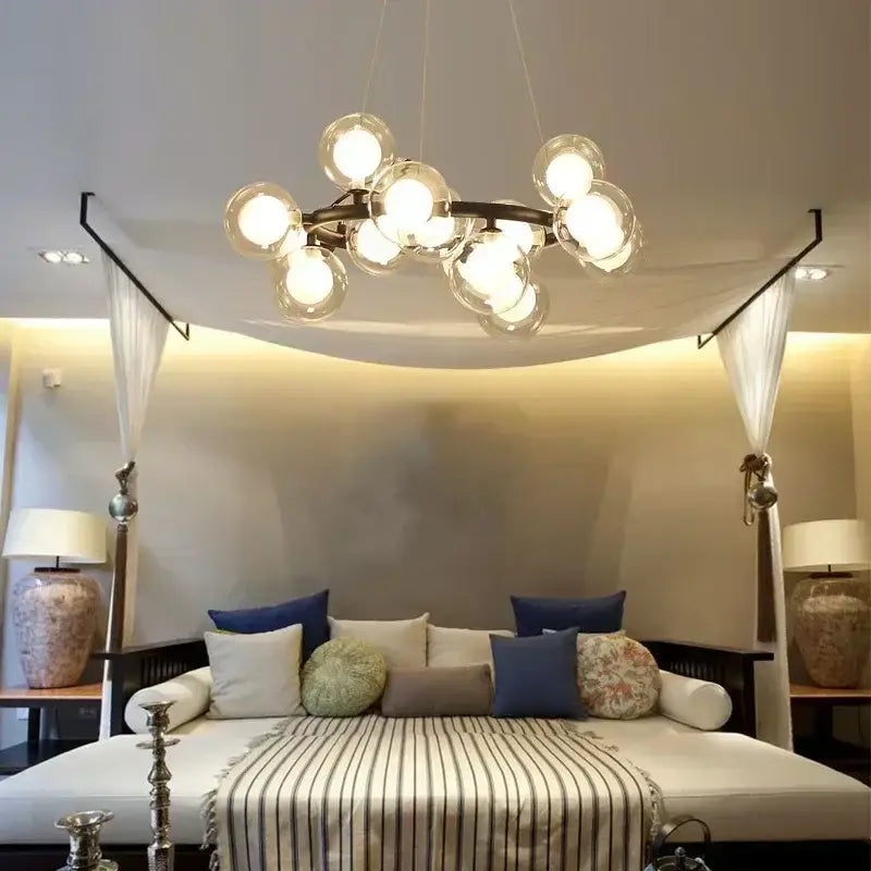 Modern black & gold chandelier with white glass ball for living room