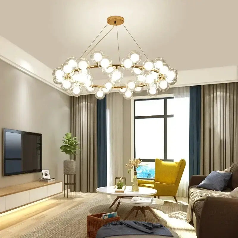 Modern black & gold chandelier with white glass ball for living room