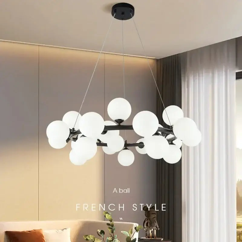 Modern black & gold chandelier with white glass ball for living room