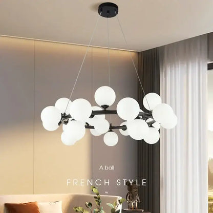 Modern black & gold chandelier with white glass ball for living room