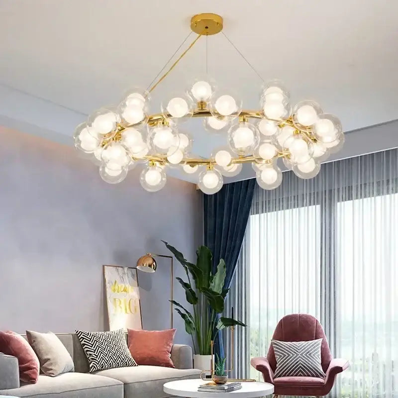 Modern black & gold chandelier with white glass ball for living room