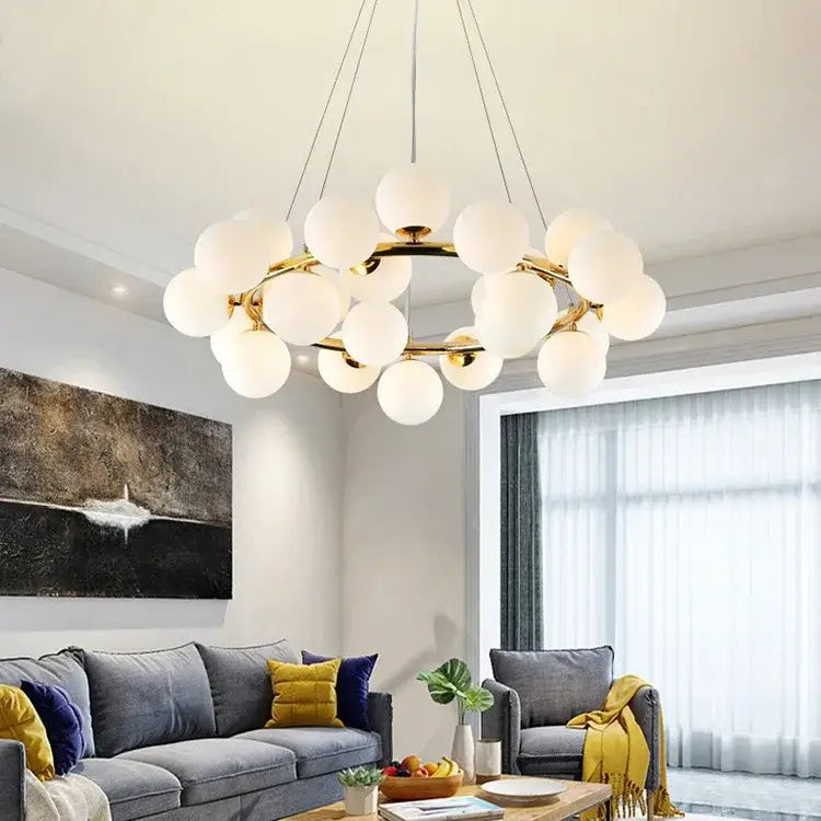 Modern black & gold chandelier with white glass ball for living room