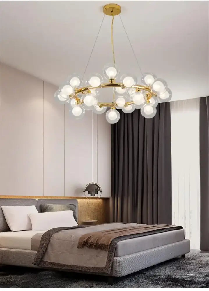 Modern black & gold chandelier with white glass ball for living room