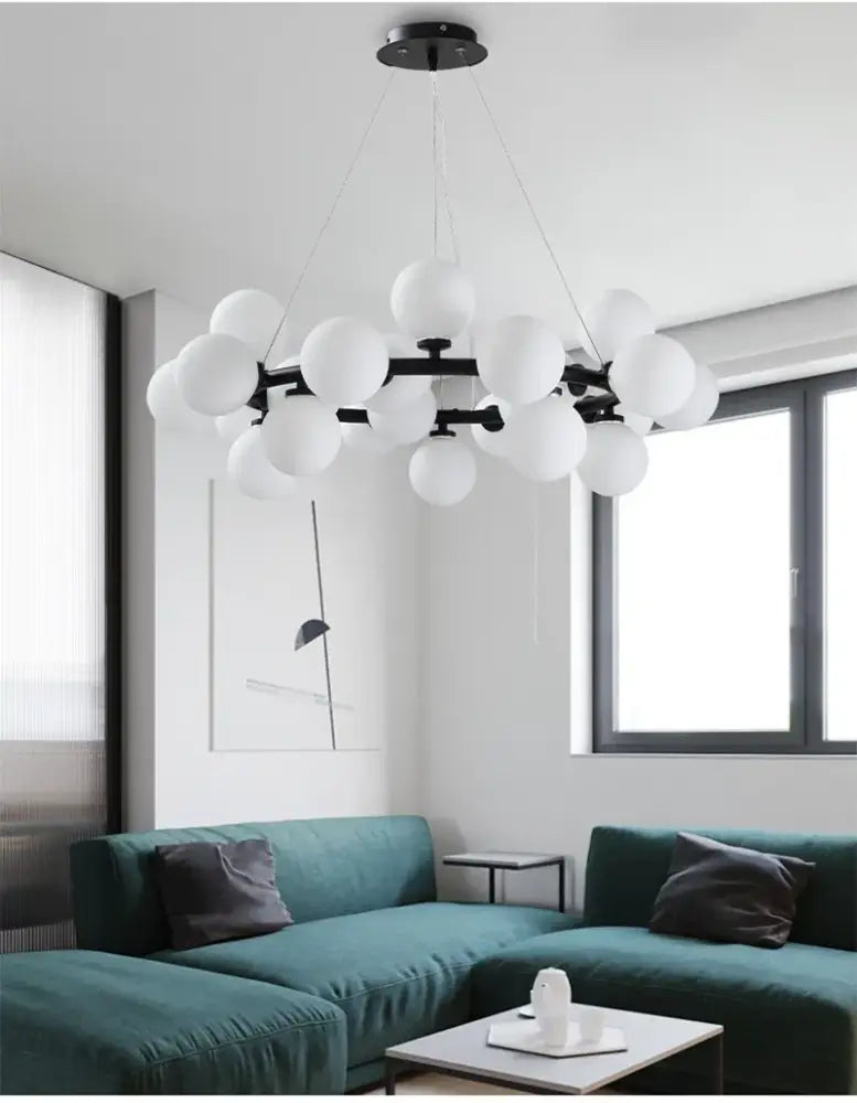Modern black & gold chandelier with white glass ball for living room
