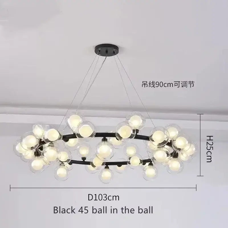 Modern black & gold chandelier with white glass ball for living room