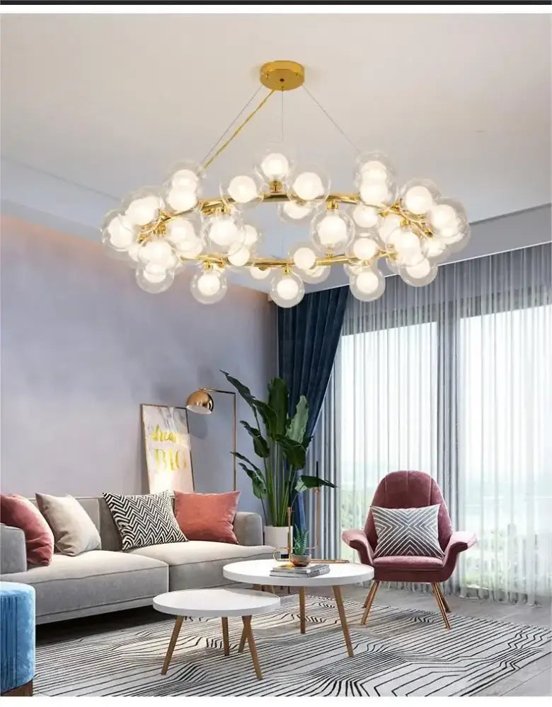 Modern black & gold chandelier with white glass ball for living room
