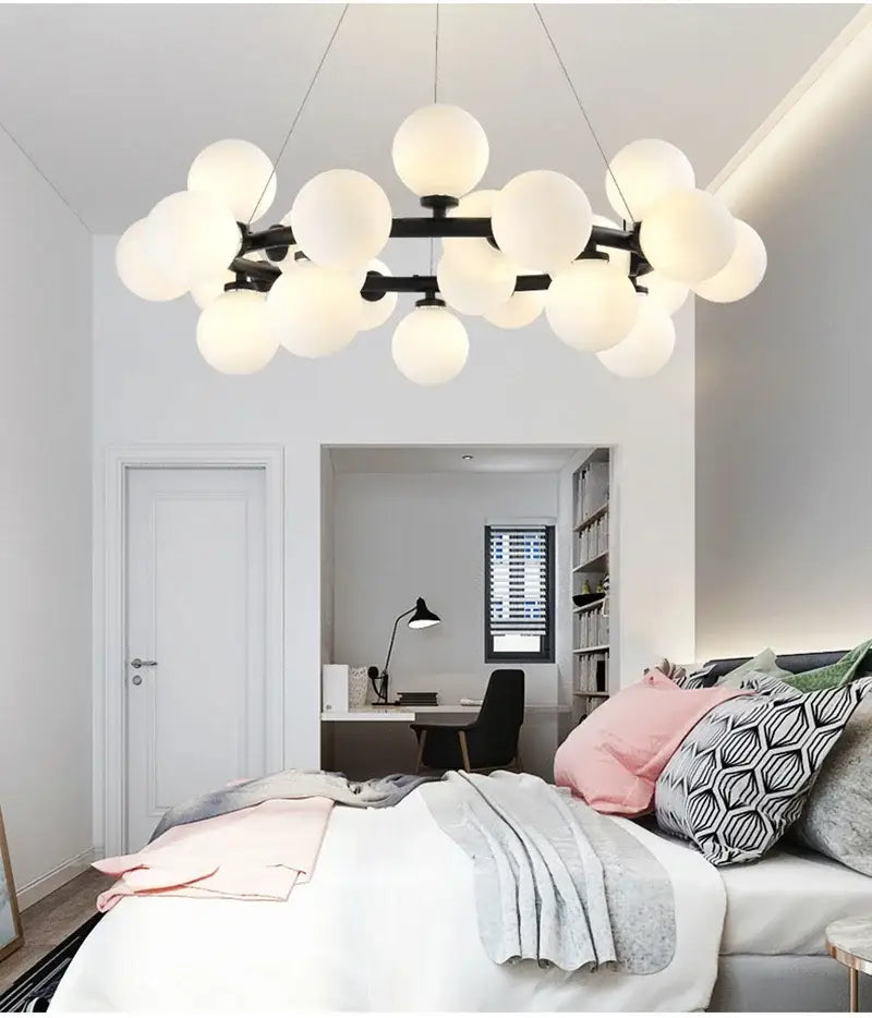 Modern black & gold chandelier with white glass ball for living room