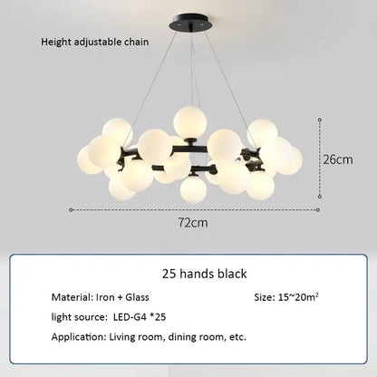 Modern black & gold chandelier with white glass ball for living room