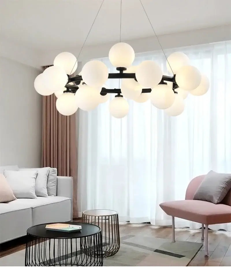 Modern black & gold chandelier with white glass ball for living room