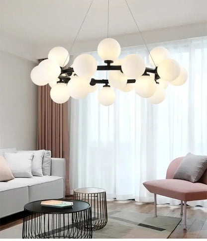 Modern black & gold chandelier with white glass ball for living room