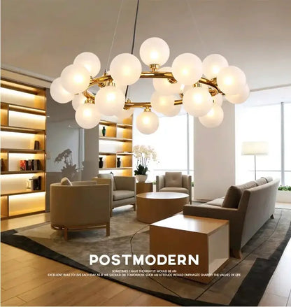 Modern black & gold chandelier with white glass ball for living room