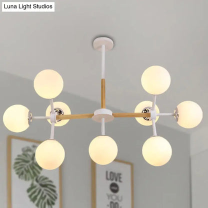 Modern wood and white glass globe chandelier – dining room light