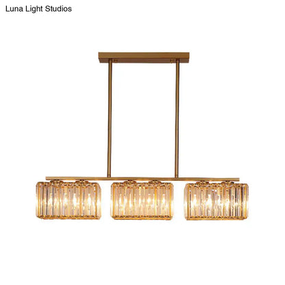 Modern gold linear chandelier with clear cuboid crystal dining room
