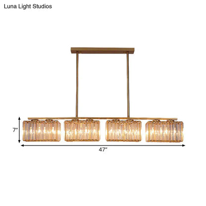 Modern gold linear chandelier with clear cuboid crystal dining room