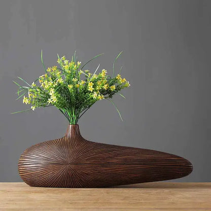 Contemporary light brown resin vase living room organic grooved decor