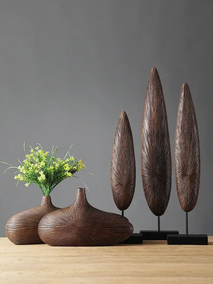 Contemporary light brown resin vase living room organic grooved decor