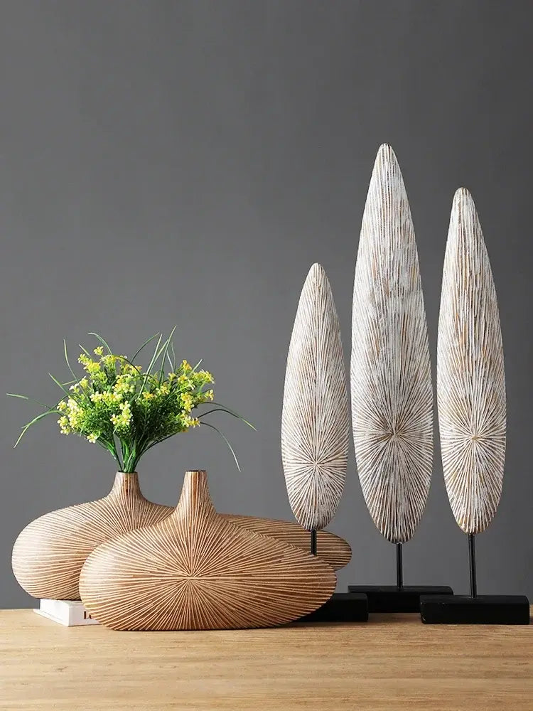 Contemporary light brown resin vase living room organic grooved decor