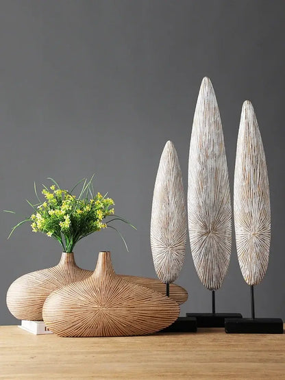Contemporary light brown resin vase living room organic grooved decor