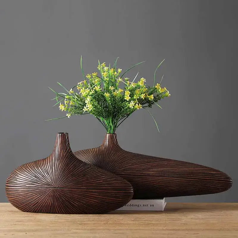 Contemporary light brown resin vase living room organic grooved decor