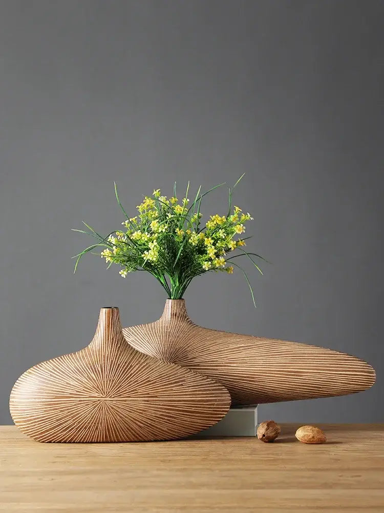 Contemporary light brown resin vase living room organic grooved decor