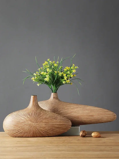Contemporary light brown resin vase living room organic grooved decor