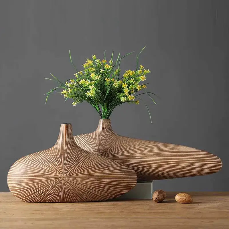 Contemporary light brown resin vase living room organic grooved decor