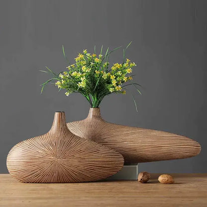 Contemporary light brown resin vase living room organic grooved decor