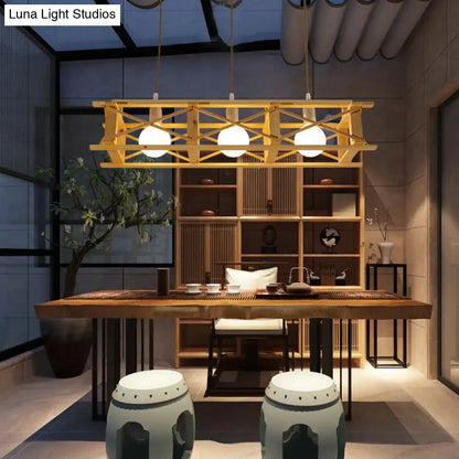 Rustic beige wooden rectangular cage island lamp dining room